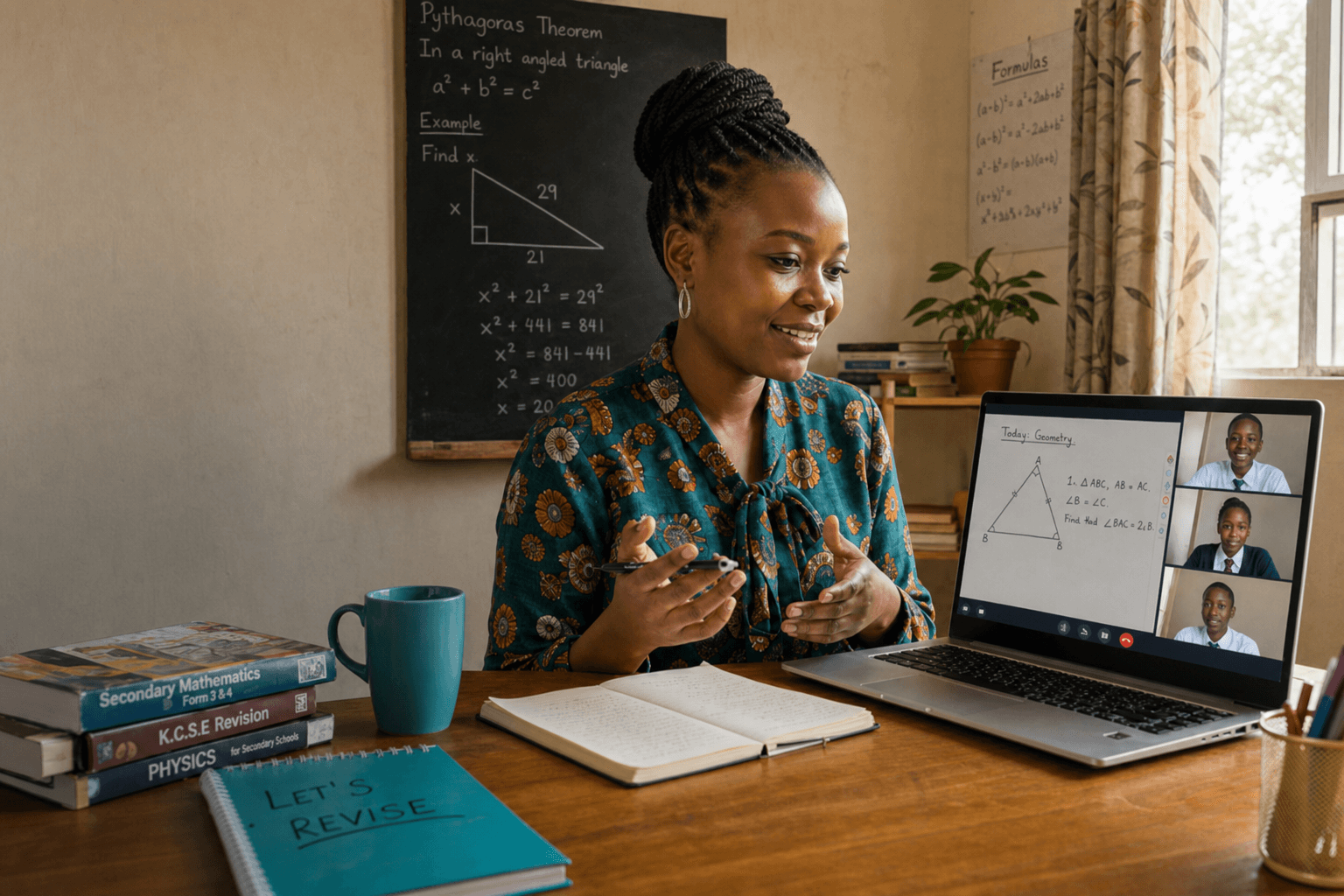 A teacher leading a live LetsRevise classroom from home, with students joining online